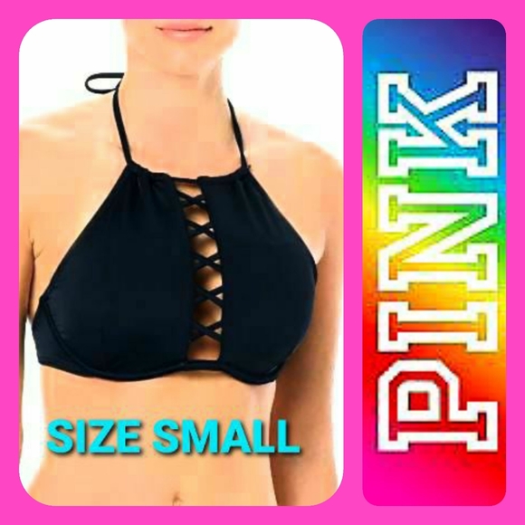 LIKE NEW PINK BLACK BIKINI TOP BY VICTORIA'S SECRET SIZE SMALL LIKE NEW - Picture 1 of 4